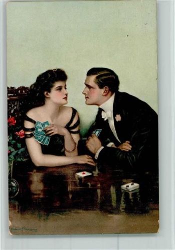 1916 Underwood - Liebespaar beim Karten spielen AK