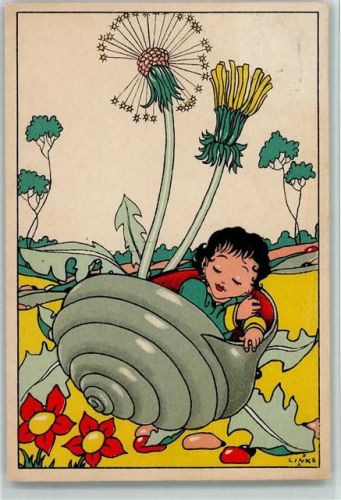 sign Links - Kind schläft in einer Schnecke 1943 AK