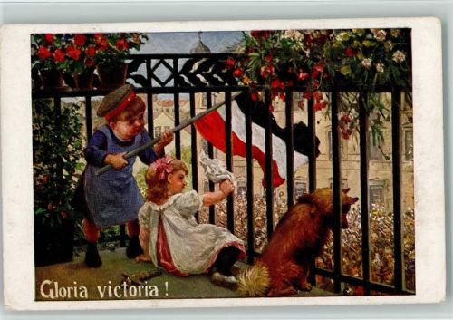 1916 Gloria Victoria - Kinder hängen schwarz-weiss-rote Fahne aus dem Balkon, unten marschieren die Soldaten
