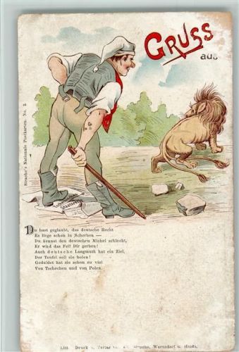 Der Deutsche Michel verscheucht den Löwen ca 1905 AK