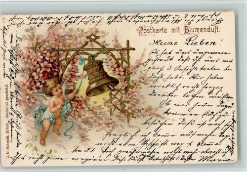 Blumenduft - Kleiner nackter Engel läutet die Glocken 1902 AK