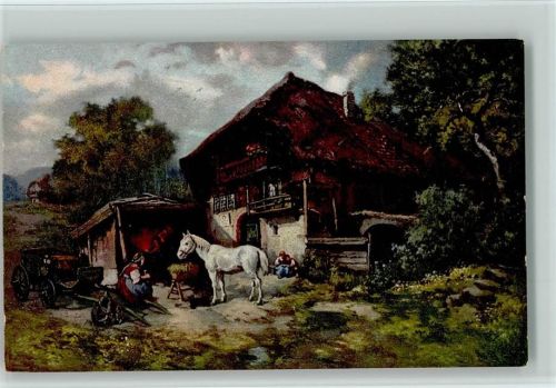 Schwarzwaldhaus, Pferd wird gefüttert, Gespann