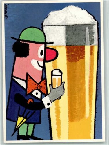 sign Jo Müller Clown mit einem großen Bierglas und kleinem Bierglas Bier