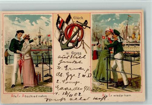Glück und Gruss schöne litho AK Abschied und Wiederkehr - Matrosenliebe 1902 AK