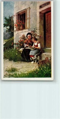 Großmutter mit Enkelin - Bilderbuch lesen - Kätzen spielt mit einem Wollknäuel