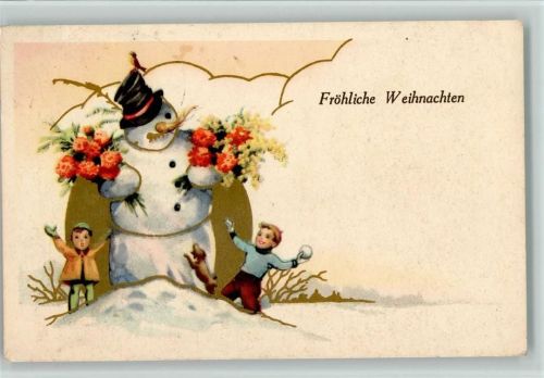Schneemann hat Blumen in den Armen Hund Kinder Weihnachtsgrüße