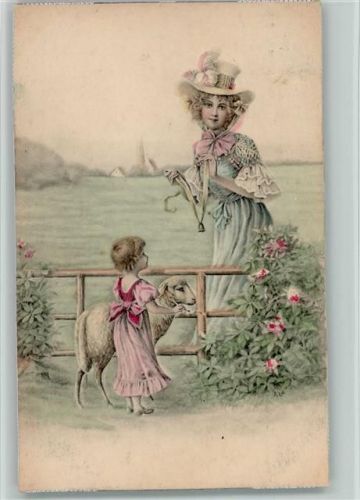 Biedermeiermode - Frau und Kind mit einem Schaf 1906 AK
