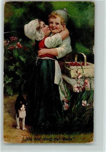 sign Hans W. Schmidt - Kinderpoesie - Spitzenhaube 1918 AK Kirschen im Korb