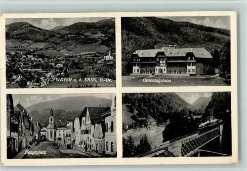 3335 Weyer - Genesungsheim Hauptplatz Brücke mit Dampflok 4-Bild-Aufnahme
