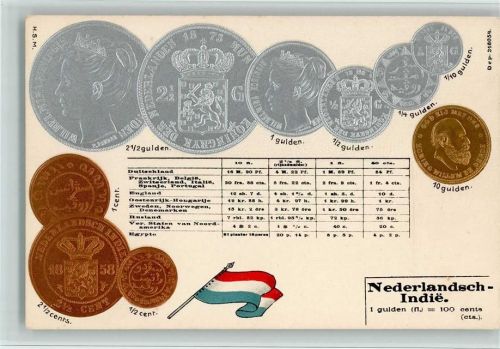 Münzenkarte und Nationalflagge Nederlandsch Indie - AK
