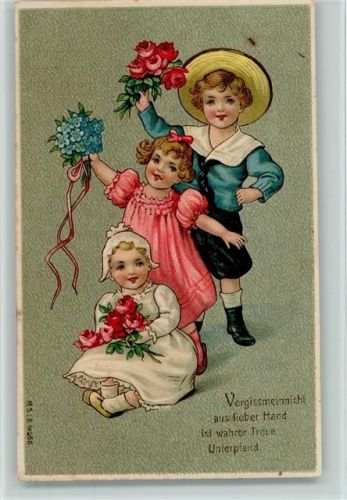 aus lieber Hand ist wahre Treue Unterpfand - Kinder mit Blumen 1909 litho