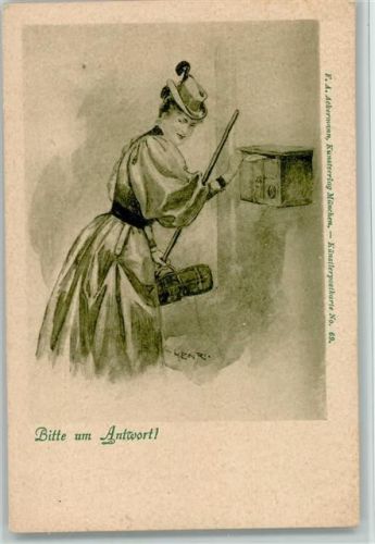 Frau am Briefkasten "Bitte um Antwort" ca 1900 AK sign Henri