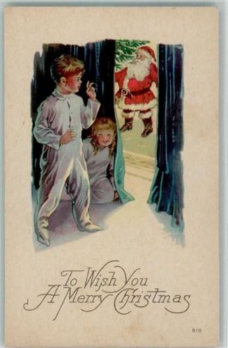 Merry Christmas, Santa Claus, Kinder lauschen am Vorhang, gute Erhaltung AK