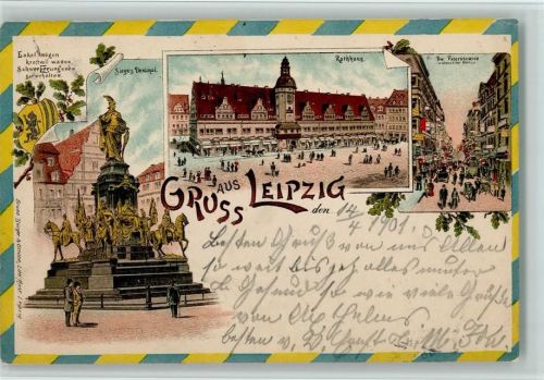 O7000 Leipzig Gruss aus - Kunstanstalt Bruno Bürger Kriegerdenkmal, Rathaus, Bürger Bruno 1901 Lithographie