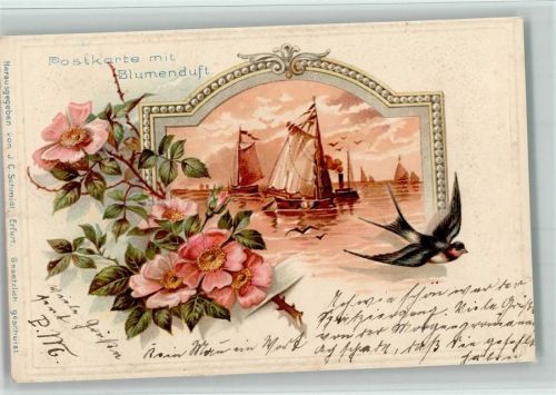 Schmidt Verlag - Blumenduft - Schmuckrahmen mit Segelboote , Schwalbe AK Duftkarte Lithographie / Prägedruck