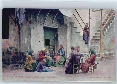Italien - Palermo - Ricamatrici - Volkstypen - Frauen sitzen draußen und handarbeiten