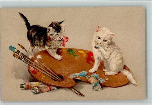 Schöne AK Katzen spielen auf einer Farbpalette mit Pinsel und Farbtuben
