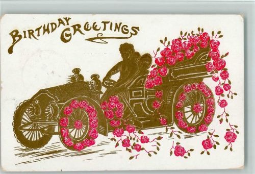 Birthday Greetings - Amor im Automobil mit Rosenblüten
