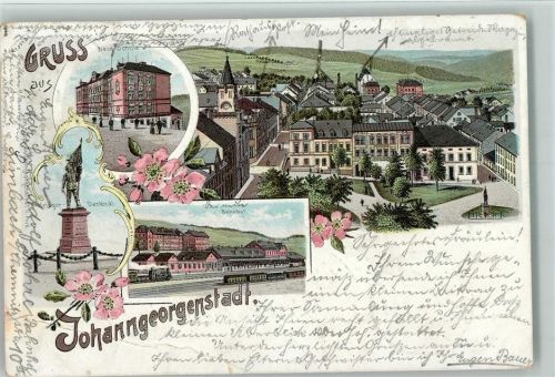 Johanngeorgenstadt 1900 Gruss aus - Litho, Bahnhof, Kriegerdenkmal , eckknick