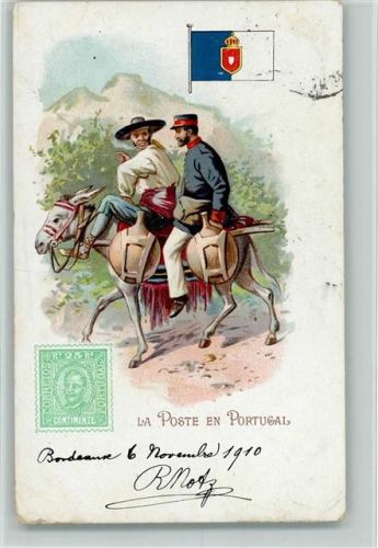 La Poste en Portugal und Briefmarke , Eckknick AK Postbote 1910 Gebrauchsspuren