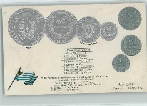 Münzenkarte und Nationalflagge, Uruguay , gute Erhaltung AK