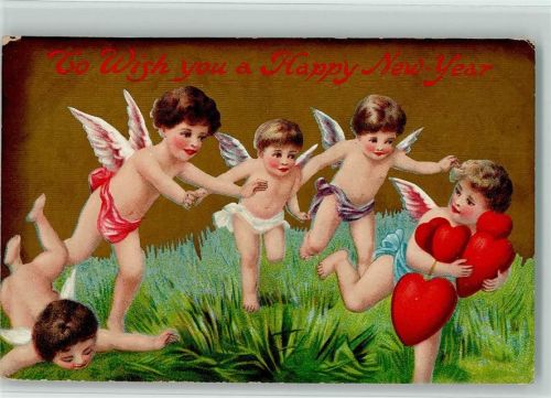 1907 New Year - Engel spielen mit Herzen AK