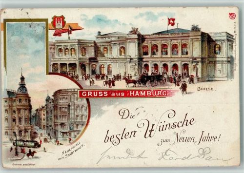 Hamburg 1898 Börse Neuerwall mit Stadthaus Straßenbahn Städteglückwünsche