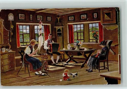 1919 Serie II "Leben und Treiben im Schwarzwald" Spinnstube - Bauernstube, Großmutter ist beim Stricken