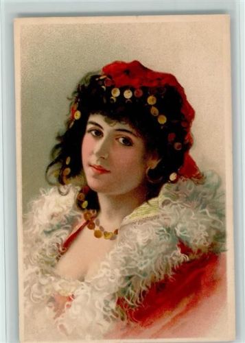 Schöne Frau mit Taler-Schmuck im Haar schöne litho ca 1900 AK Mignon Künstlerkarte