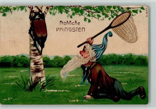 Pfingsten - Riesenkäfer und Zwerg mit einem Ketscher 1909 AK