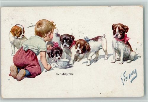 Serie BKW 191-6 - Geduldprobe mit kleine Hundewelpen AK Stempelflecken Feiertag, K. 1917