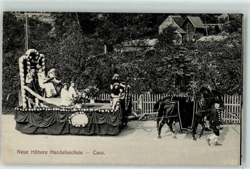 Calw 1912 Landwirschaftliches Bezirksfest 1912 Neue Höhere Handelsschule Festwagen Ort handschriftlich