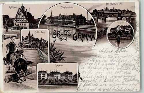 Grimma 1899 Gruss aus - Gattersburg, Fürstenschule, Seminar, Kaserne, Rathaus AK Verlag Winkler & Voigt 329 AK