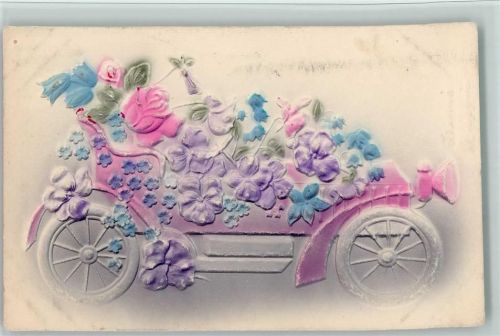 1908 Relief Druck - Auto mit Blüten