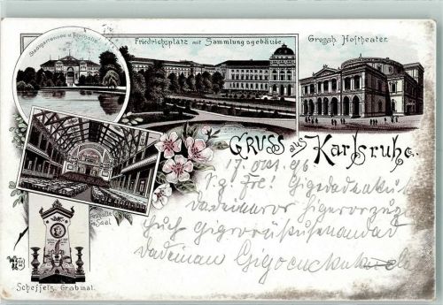 Karlsruhe Vorläufer Druck 1890-1895 Stadtgartensee Festhalle Scheffels Grabmal Friedrichsplatz mit Sammlungsgebäude Grossh. Hoftheater
