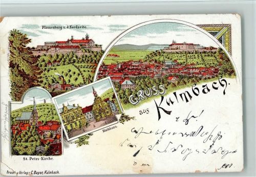 95326 W8650 Kulmbach 1900 Gebrauchsspuren Gruss aus - Lithographie - Ecke angeklebt