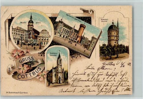 Cottbus 1899 Marktplatz Schlosskirche Sprembergertr Wasserturm Lithographie