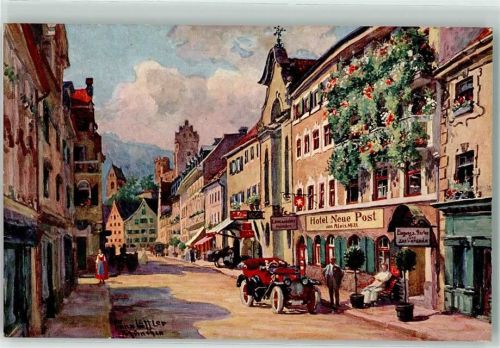 87629 W8958 Füssen 1915 Künstlerkarte Hauptstraße Hotel Neue Post Emailleschilder Oldtimer sign. Franz Löffler