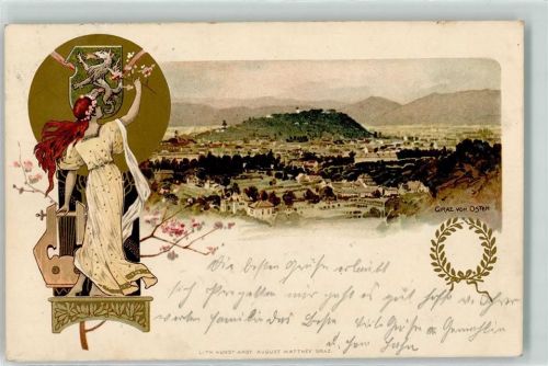 Graz Ansicht von Osten Wappen Frau Kranz Berge Blumen 6. deutsches Sängerbundfest