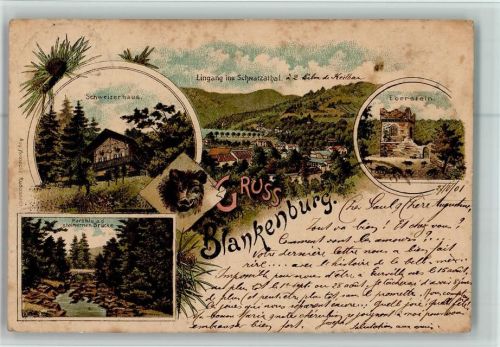 Bad Blankenburg 1901 Eingang uns Schwarzatal Eberstein Schweizerhaus Partie an der Steinernen Brücke