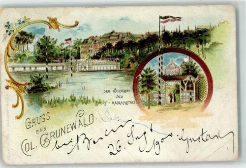 10115 W1000 Grunewald 1900 Gebrauchsspuren Halensee Sport-Badeanstalt Fahne Lithographie