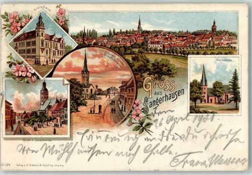 06526 O4700 Sangerhausen 1900 Lithographie Kreishaus Ulrichsplatz Kirche u. Kriegerdenkmal Marienkirche Markt u. Jacobikirche