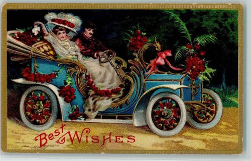 1908 Serie 50a Best Wishes, Auto mit Rosenblüten geschmückt, gute Erhaltung AK
