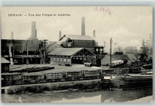Denain 1915 Vue des Forges et Acieries Eisenbahn Frachtschiff