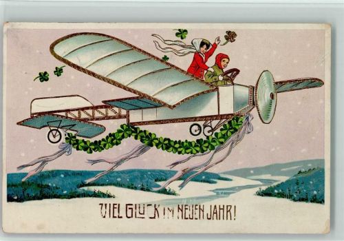 1916 Neujahr - Kinder im Flugzeug, Glückskleegirlande AK