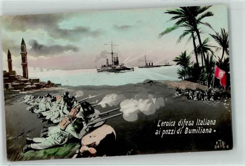Italienischer-Türkischer Krieg L'eroica difesa Italiana ai pozzi di Bumiliana Kriegsschiff Moschee Militär Italien Künstlerkarte