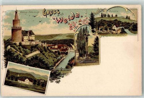 Weida Schloss Osterburg Hohes Haus Aumühle Kriegerdenkmal Gruss Blumen Lithographie