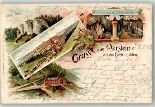 59581 W4788 Warstein 1898 Lithographie Bilstein Felsen Bilsteinhöhlen Gasthaus u. Museum