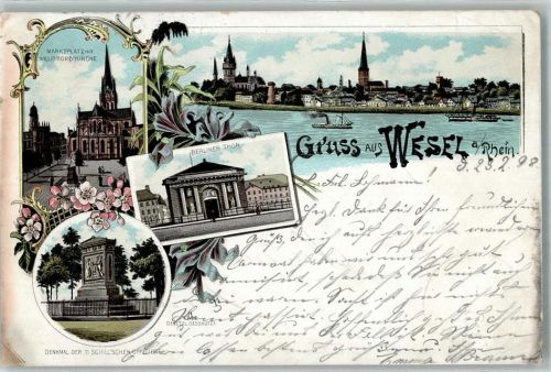 46483 W4230 Wesel a Rhein 1898 Lithographie Marktplatz Willibrodikirche Berliner Tor Denkmal der 11 Schill'schen Offiziere
