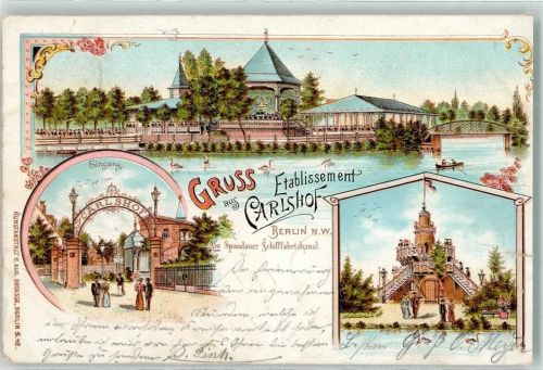 Spandau 1898 Etablisement Carlshof Eingang Schwäne Aussichtsturm Lithographie